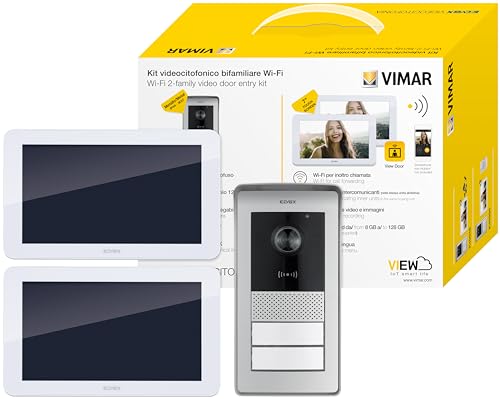 Vimar K42956 Kit de videoporteiro inteligente com 2 videoporteiros Wi-Fi com ecrã tátil, placa de áudio/vídeo com leitor RFID, alimentadores, distribuidor de autocarro, suportes para montagem em