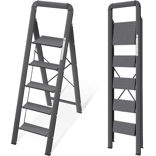 KINGRACK Escada de tesoura 5 degraus dobrável de alumínio, escada doméstica estreita com corrimãos, mecanismo anti-dobrado, uso doméstico cozinha despensa escritório, economia de espaço e portátil,