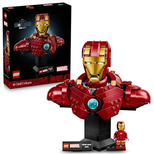 LEGO Marvel Busto de Iron Man MK4 - Maquete para adultos de super-herói com minifigura de Tony Stark, canhões de ombros e cabeça articulada - presente para homens e mulheres fãs de Vingadores 76327