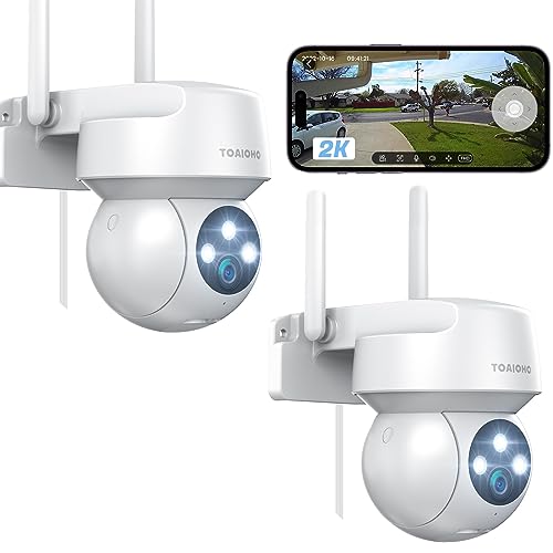 TOAIOHO 2 peças 2 K câmara de vigilância WiFi exterior/interior, câmara de vigilância, visão noturna colorida, proteção completa de 360 °, áudio bidirecional, alerta de movimento, Android/iOS