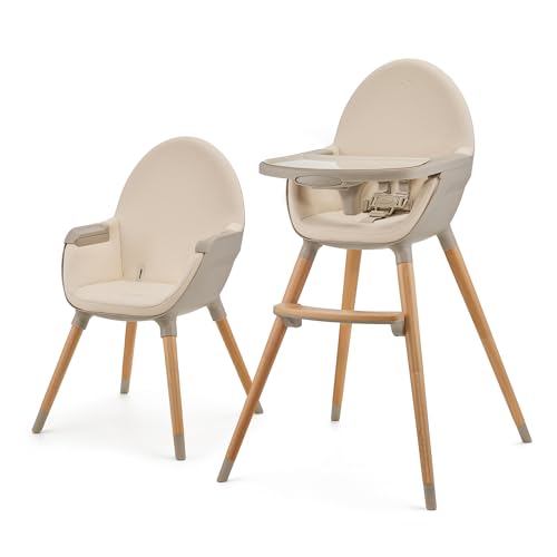 kk Kinderkraft FINI 2 cadeira alta bebé 2 em 1, cadeira infantil, cadeira alta portátil, pernas de madeira, bandeja ajustável, fácil de limpar, para crianças, bege
