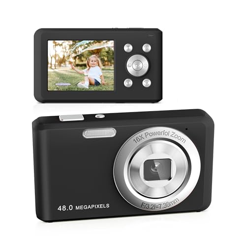 Câmara digital, FHD 1080P câmara compacta com cartão de 32 GB, 48MP câmara 2,4" LCD 16X Zoom digital para Kid estudante meninos adolescente menina menino (preto)