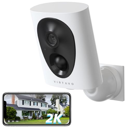 virtavo New 2K Câmara de vigilância Wi-Fi sem cabos para exterior/interior, bateria recarregável, deteção de movimento PIR e IA, QHD, visão noturna em cores, áudio bidirecional, longa automonomia