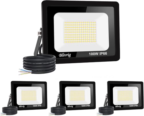 4 unidades - focos LED para exterior, 100 W, projetor LED para exterior, 10000 LM IP66, impermeável projetor LED 6500 K, branco frio Floodlight para casa, garagem, pátio, terraço, campo