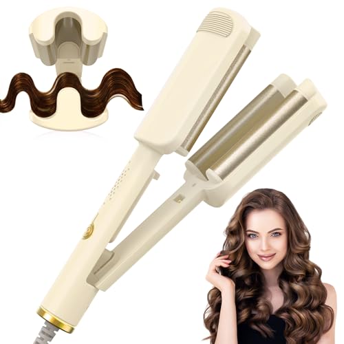 AISEELY Modelador de cabelo, 32 mm modelador de cabelo ondas, 3 barris ondulador de cabelo iónico, 4 temperatura ajustável 140 °C e 220 °C, anti-escaldaduras, ondas para iniciantes - branco quebrado