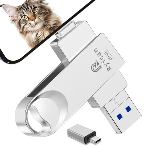 [Sem App] Pendrive para lPhone, Ryican 256 GB memória externa 4 em 1 Pen Drive USB C 3.0 Mini Pendrive é ideal para viajantes, estudantes e trabalhadores para iOS/Pad/Android/telefone/PC, prateado