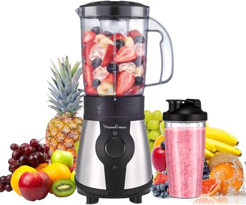Moulinex Blendeo Liquidificadora 300 W, inclui garrafa portátil de 750 ml, sistema de 4 lâminas, acabamento em aço inoxidável