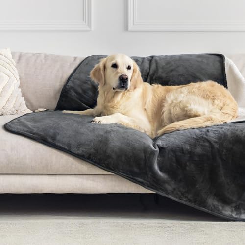 Dreamzie - Manta impermeável cão, 127 x 152 cm, manta cão médio reversível e lavável, para sofá e cama, manta cão pequeno em Sherpa - cinzento escuro