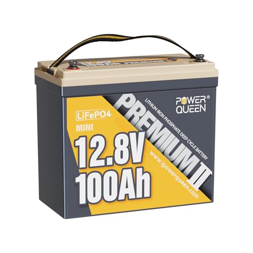 Power Queen 12 V, 100 Ah Mini LiFePO4 Lithium Battery, Bateria de ciclo profundo com atualização de 100 A, MAX 1280 W Energy, até 15000 ciclos/10 Year Lifespan para RV, solar. M Outor & Camping