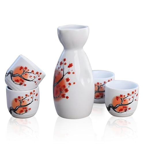 Liwein Sake Set, 5 peças Sake de cerâmica japonesa tradicionais garrafa de Sake porcelana copos canecas de cerâmica artesanato presente (vermelho)