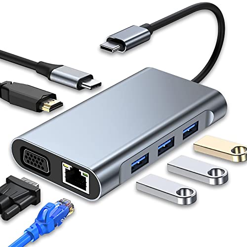 Adaptador multiporta USB C 3.0 7 em 1, com 4 K, HDMI, VGA, 100 W PD e RJ45 Ethernet, estação de acoplamento, compatível com MacBook Pro & Air USB C dispositivos tipo C