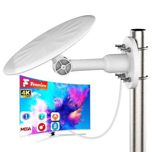 Antena de TV exterior 2025, receção HD de 720° para Smart TV e 4K, sinal de comprimento, cabo coaxial de 10 m, instalação fácil em tecidos ou paredes, ideal para telhados e terraços (branco)