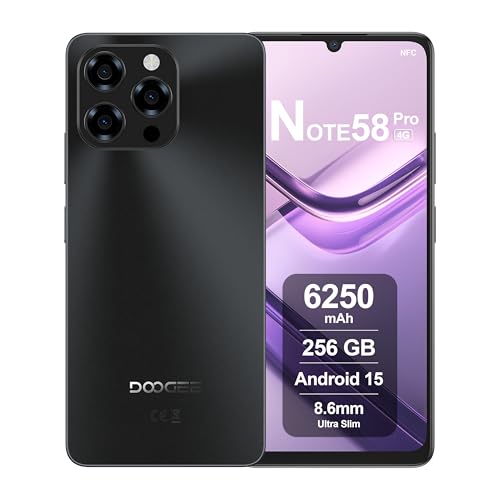 DOOGEE Note58 Pro telemóvel 4G Android 15, 32 GB RAM + 256 GB ROM, bateria 6250 mAh, ecrã 6,75 polegadas HD 90 Hz, AI câmara 16 MP, Octa-Core, Dual SIM, NFC, Smartphone livres, 22 025, N Preto