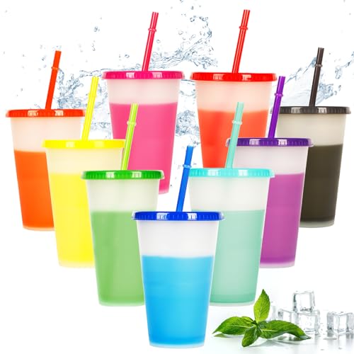 dellyy Copos de plástico rígido, 9 peças copos com tampa e palhinha, 480 ml copos de plástico que mudam de cores, copos de plástico reutilizáveis, para crianças e adultos, festa (A)