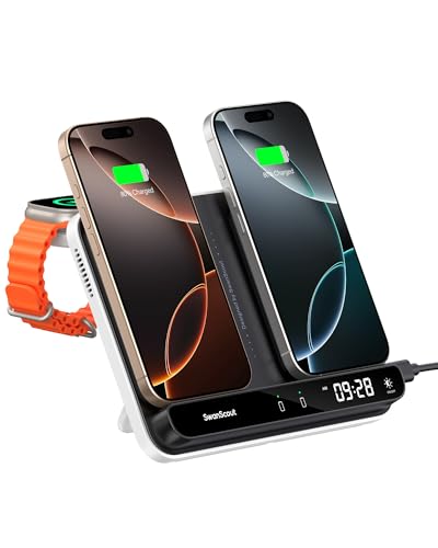 SwanScout 710A Carregador sem fios duplo para iPhone 16/15/14/13/12/11, estação de carregamento indutiva para Apple Watch 10/9/8/7/6/5/4/3/2/SE 2 e AirPods 4, estação de carregamento para 2 iPhones