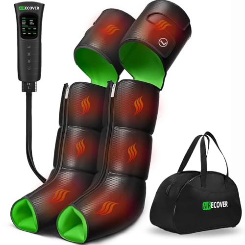 AIRECOVER Massajador de pernas com calor e pressoterapia – botas de compressão de ar para pernas e pés, relaxamento muscular, alívio de cãibras e inchaço, melhora a circulação sanguínea