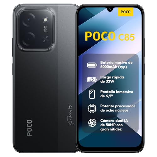 XIAOMI POCO C85 Smartphone de 8 + 256 GB, câmara dupla de 50 MP com AI, ecrã imersivo de 6,9", potente processador Octa-Core, carregamento rápido de 33 W, 6000 mAh, carregador não incluído, preto
