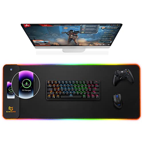 Gimars Tapete de rato Gaming RGB com 15 W carregamento sem fios, 800 × 300 mm Mousepad XXL com 10 modos de iluminação LED, tapete de rato impermeável base antiderrapante para secretária escritório
