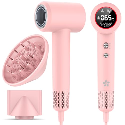 Secador de cabelo profissional com difusor, 400 milhões de plasma, motor sem escovas de 110.000 rpm, 5 x secagem rápida, LED Display Hair Dryer, 57 dB de baixo ruído secador de cabelo iónico para