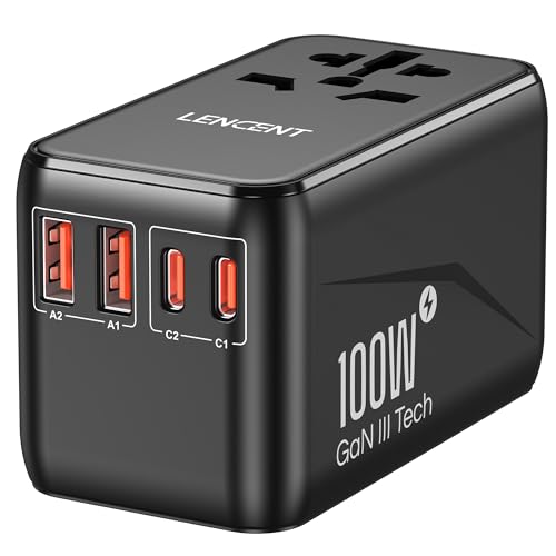 LENCENT Adaptador de tomada universal GAN III de 100 W, carregador internacional com 2 QC4.0 USB-A e 2 PD3,0 USB-C PPS carregamento rápido, adaptador de viagem para telemóveis, tablets, portátil, tipo
