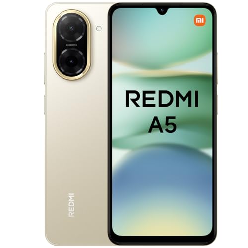 Xiaomi Redmi A5 Smartphone de 4+128 GB, ecrã imersivo de 120 Hz, potente processador Octa Core, câmara dupla AI de 32 MP, 5200 mAh, carregador não incluído, dourado (versão ES)