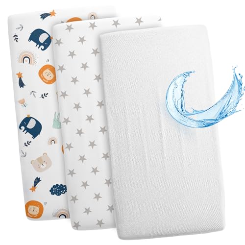 Lençóis ajustáveis para carrinho de bebé conjunto de 3: 90 x 55 cm, 2 lençóis 1 protetor de colchão impermeável, acessórios para berço de bebé e miniberço estrelas brancas