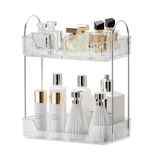 Organizador de maquilhagem, organizador de cosméticos, organizador de perfume, organizador de bandeja de cosméticos de alta capacidade para casa de banho (2 camadas, transparente)