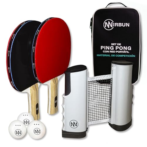 NIRBUN Set Ping Pong Con Red Extensible - Palas Profesionales - Pelotas 3 Estrellas - Red Ajustable Para Mesa - Set Portátil