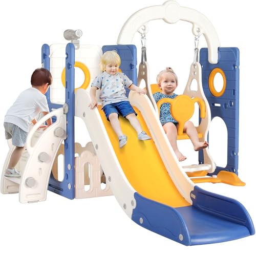 Escorrega e balanço, parque infantil 5 em 1, com escorrega comprida, balanço, escalada, telescópio de jogo, armazenamento, escorrega para interior e exterior, conjunto de escorrega para bebé, azul