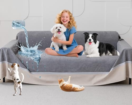 Loiion Capas para sofá, cães, 100% capa sofá impermeável animais de estimação, capa sofá Chaise Long 3 lugares anti-pêlos para cães, antiderrapante, antimanchas, cinzento, 340 x 230 cm