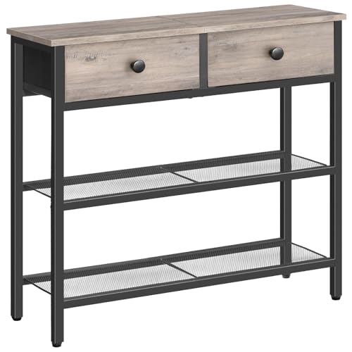 HOOBRO Mesa de entrada 75 cm de comprimento, mesa de sofá de estilo industrial com duas gavetas de tecido não têxtil, consola com 3 prateleiras, quarto, entrada, cinzento envelhecido e preto EBG72XG01