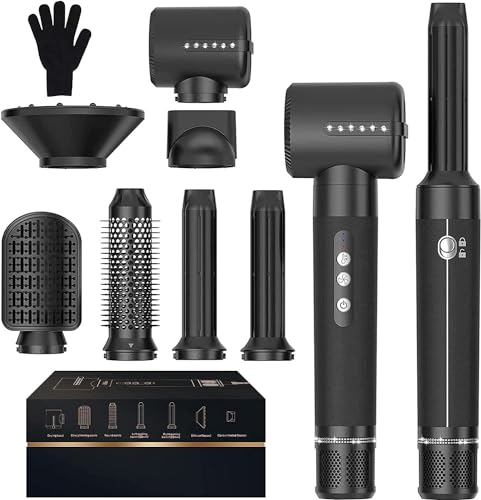 Escova secador de cabelo, secador 7 em 1, 110000 RPM escova de alta velocidade com efeito coanda, 7 cabeças, para cabelo encaracolado, reto, seco e aumentar o volume do cabelo