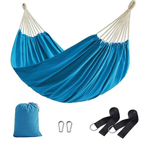 SONGMICS Rede de rede, 210 x 150 cm, rede de casal, carga de 300 kg, para jardim, terraço, varanda, ao ar livre, campismo, bolsa de transporte, correias de fixação e mosquetões, azul GDC15BU