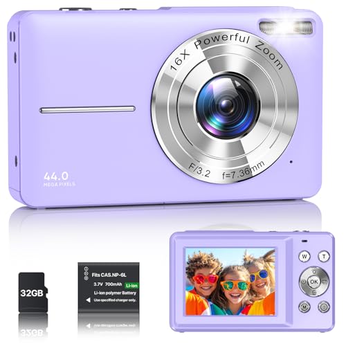 Câmara digital 1080P câmara de fotos HD 44MP câmara digital compacta com ecrã LCD de 2,4 polegadas, zoom digital 16X, cartão de memória micro de 32G, 1 bateria para crianças, adolescentes - violeta