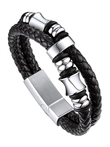 Bandmax Pulsera Viking Cuero Hombre con Charms Brújulas/Cuentas, Personalizable, 19cm 21cm 23cm Largo, Broche Imán Robusto, Incluye Joyero
