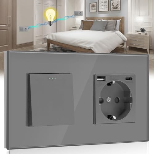 BSEED Interruptor de parede com tomada cinzenta, 1 Gang 2 vias interruptor interruptor 16 A tomada Schuko com 1 porta tipo C e 1 portas USB, 10 A interruptor de luz de botão de pressão
