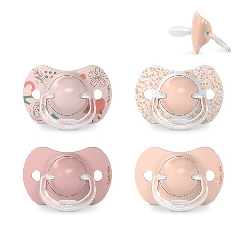 Suavinex, Pacote de 4 chupas com cetina física de silicone SX Pro, para bebés de 6 a 18 meses, com Tetina mais plana e flexível, respeita o desenvolvimento oral, rosa