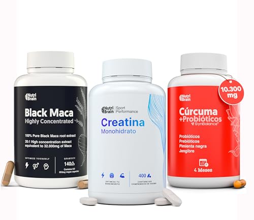 Pack Desempenho 3 em 1 | Maca preta 32000 mg açafrão 10300 mg com pré e probióticos + creatina mono-hidratada 3000 mg | Apoio articular muscular digestivo e energético, força e potência