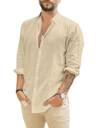 TARAINYA Camisa de linho para homem com bolsos casuais camisas homem manga comprida regular Fit
