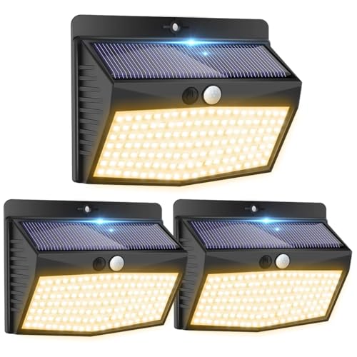 Peasur Luz solar exterior: 3 pacotes, 138 LED/3 modos: luzes solares LED brancas quentes IP65, holofotes impermeáveis para pátio, garagem