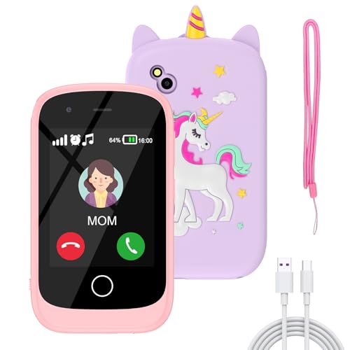 Alutoria Smartphone crianças, telemóveis crianças com chamadas, SOS, 17 jogos, lanterna, música, câmera, telemóvel para crianças dos 4-9 anos jogos de puzzle Natal aniversário (rosa brilhante)