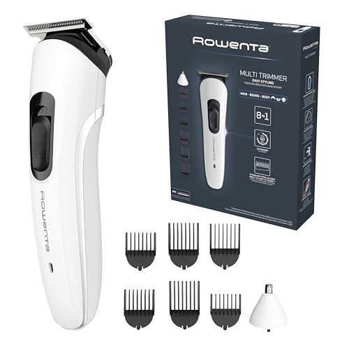 Rowenta Trim & Style 8 em 1, multiacessórios para homem, lâminas de aço inoxidável autoafiáveis, 6 pentes fixos, acessório nariz e orelhas, TN8934E0