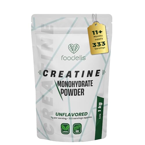 Foodelis Creatina monohidratada em pó 1 kg/333 doses, 100% creatina monohidrato micronizada - sem sabor - pura e sem aditivos - Não-OGM - alta solubilidade, inclui doseadores