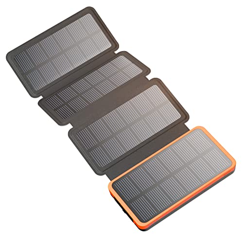 Hiluckey Carregador solar 25000 mAh, portátil Power Bank com 4 painéis solares de portas duplas USB 2.1A carregamento rápido impermeável bateria externa para smartphones, tablets e campismo ao ar