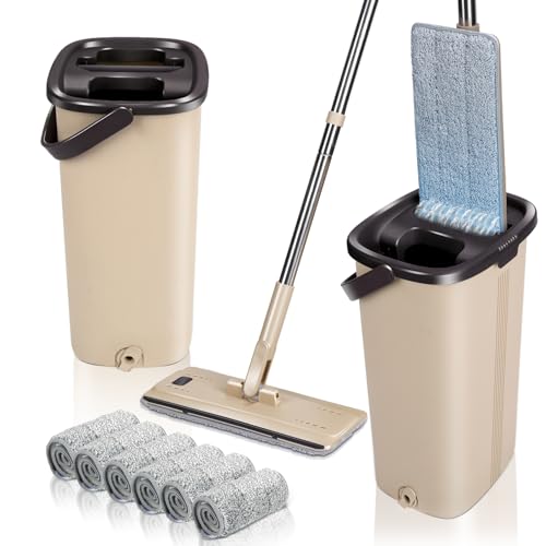 Masthome Mopa de microfibra e cubo de escoriador, esfregona plana giratória de 360° com cubo duplo compartimentos e 6 peças sobressalentes roupa reutilizáveis, para limpeza de chão seco e húmido