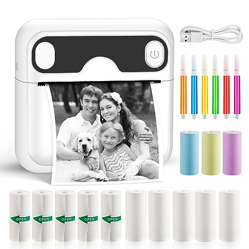 GuKKK Mini impressora para telemóvel, impressora fotográfica, portátil impressora térmica, BT sem fios impressora térmica com 13 rolos de papel, para telemóvel impressora fotos, para lista com notas
