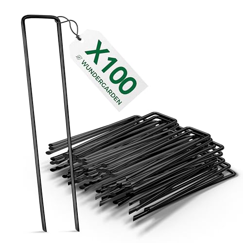 WUNDERGARDEN 100 grampos de fixação de aço para ajuste de malhas geotêxteis e tecidos contra ervas daninhas ou acampamento, espetos para o chão, 150 x 25 mm, Ø 2,7 mm