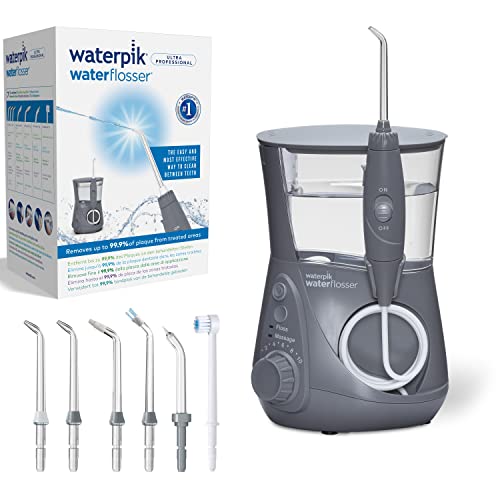 Waterpik Ultra irrigador profissional de mesa com água de pressão e sistema avançado de controlo de pressão através de 10 posições com 7 bicos, remoção de placa dentária, cinzento (WP-667UK-UE)