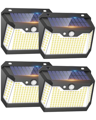 4 Pacote de luzes solares LED exterior Auto ON&OFF, 3 modos luz solar exterior com sensor de movimento IP67 impermeável lâmpada LED solar para jardim, pátio, luz branca fria