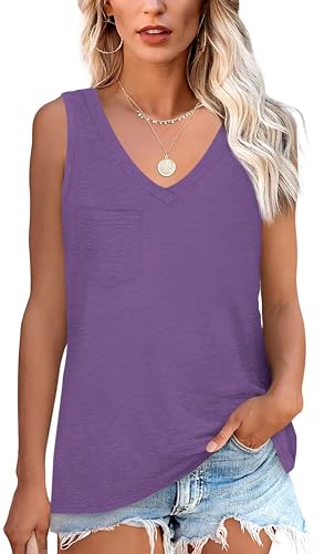 NONSAR T-shirt básica de verão sem mangas para mulher. T-shirt elástica com decote em V e bolso, t-shirt interior confortável de estilo casual